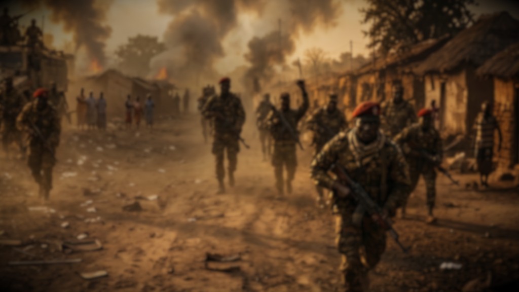 Soldiers advancing down a dusty road through a burning village in South Sudan