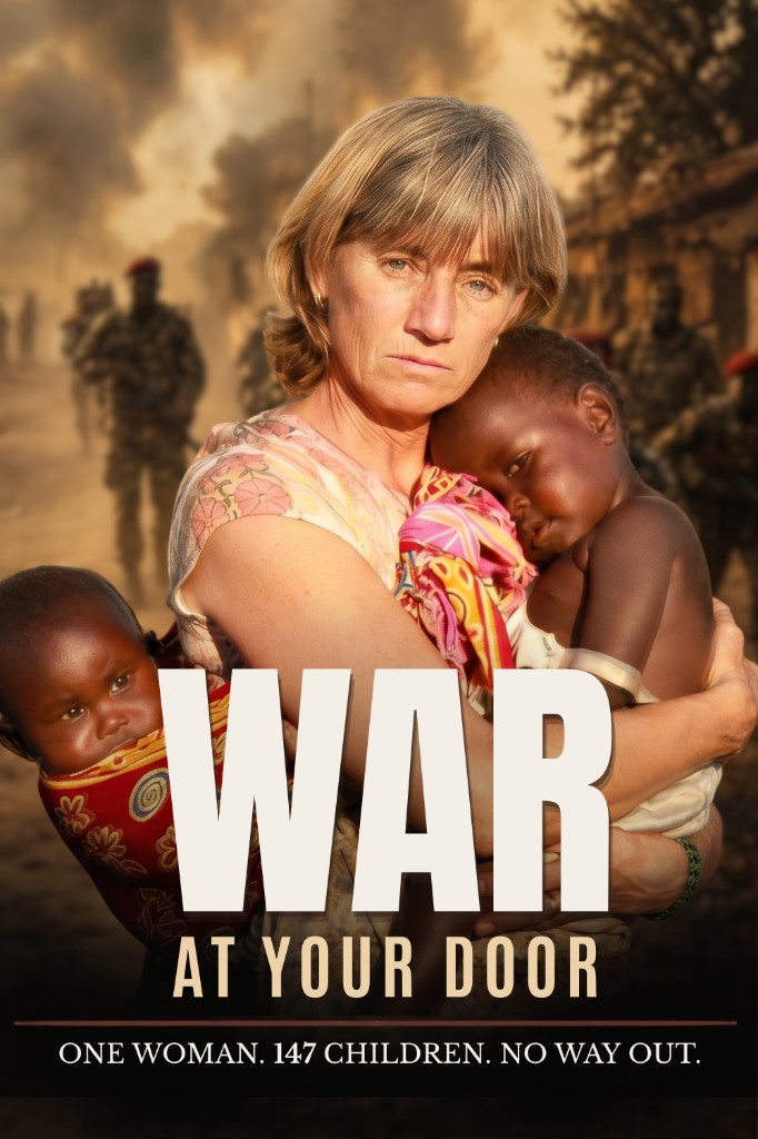 War at Your Door movie poster — Carolyn carrying children with soldiers in the background